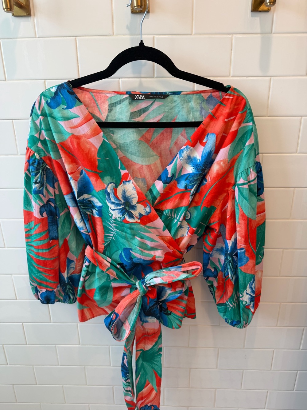 Zara Coral, Teal & Blue Floral Wrap Blouse